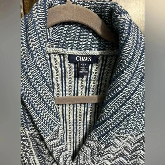 Chaps Blue and White Knit Button Front Shawl Collar Sweater Vest, Size Large - Picture 2 of 10